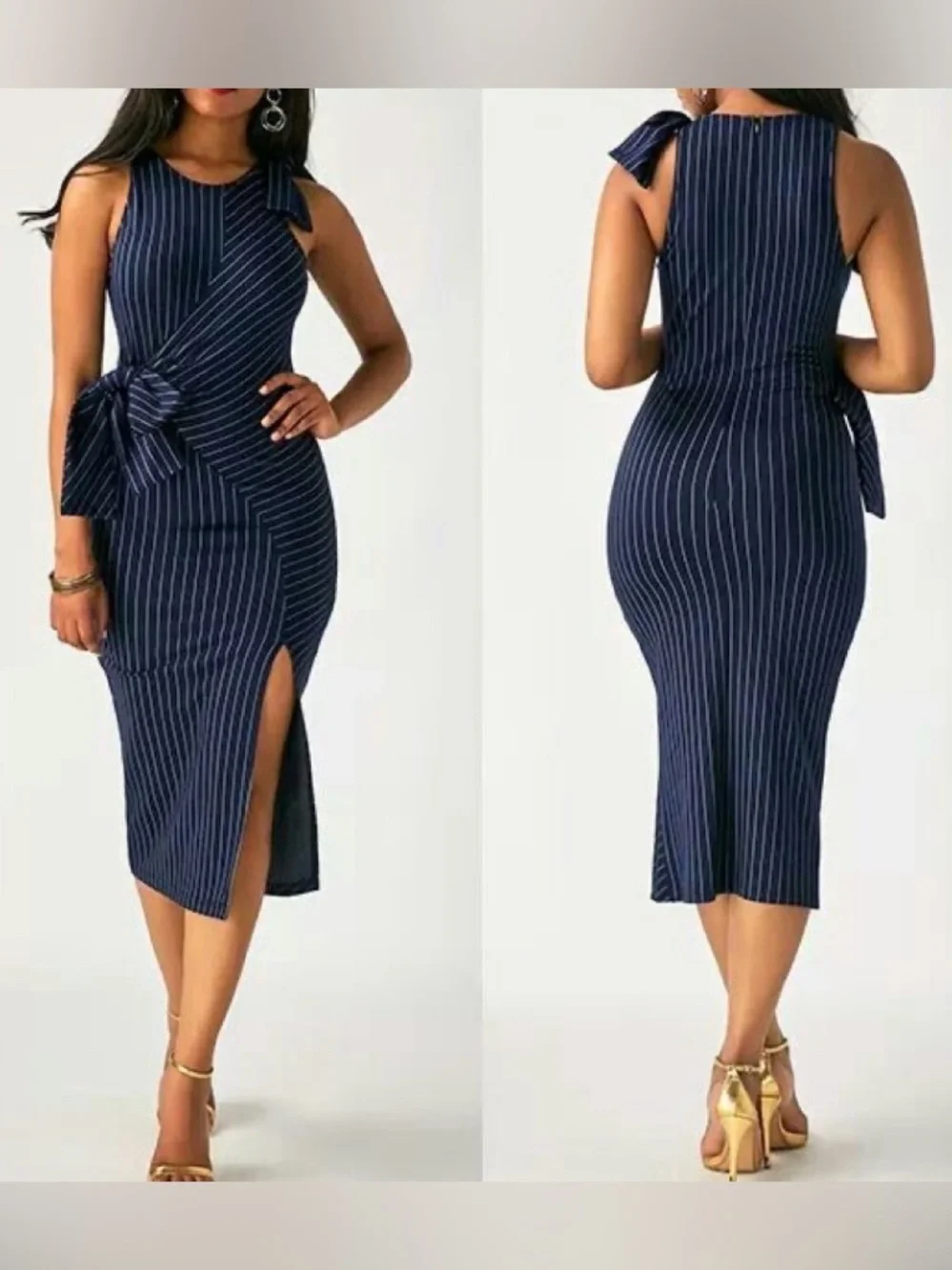 Navy Pinstripe Midi Dress with Statement Bow - Picture 1 of 6